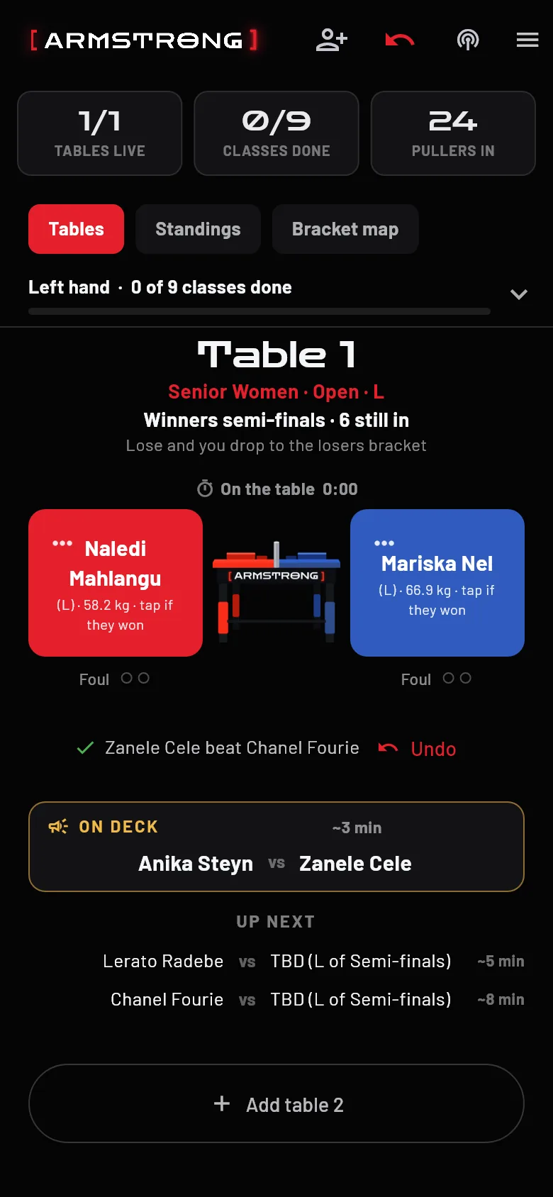 The Armstrong console on a phone: one table, two pullers and the running order.