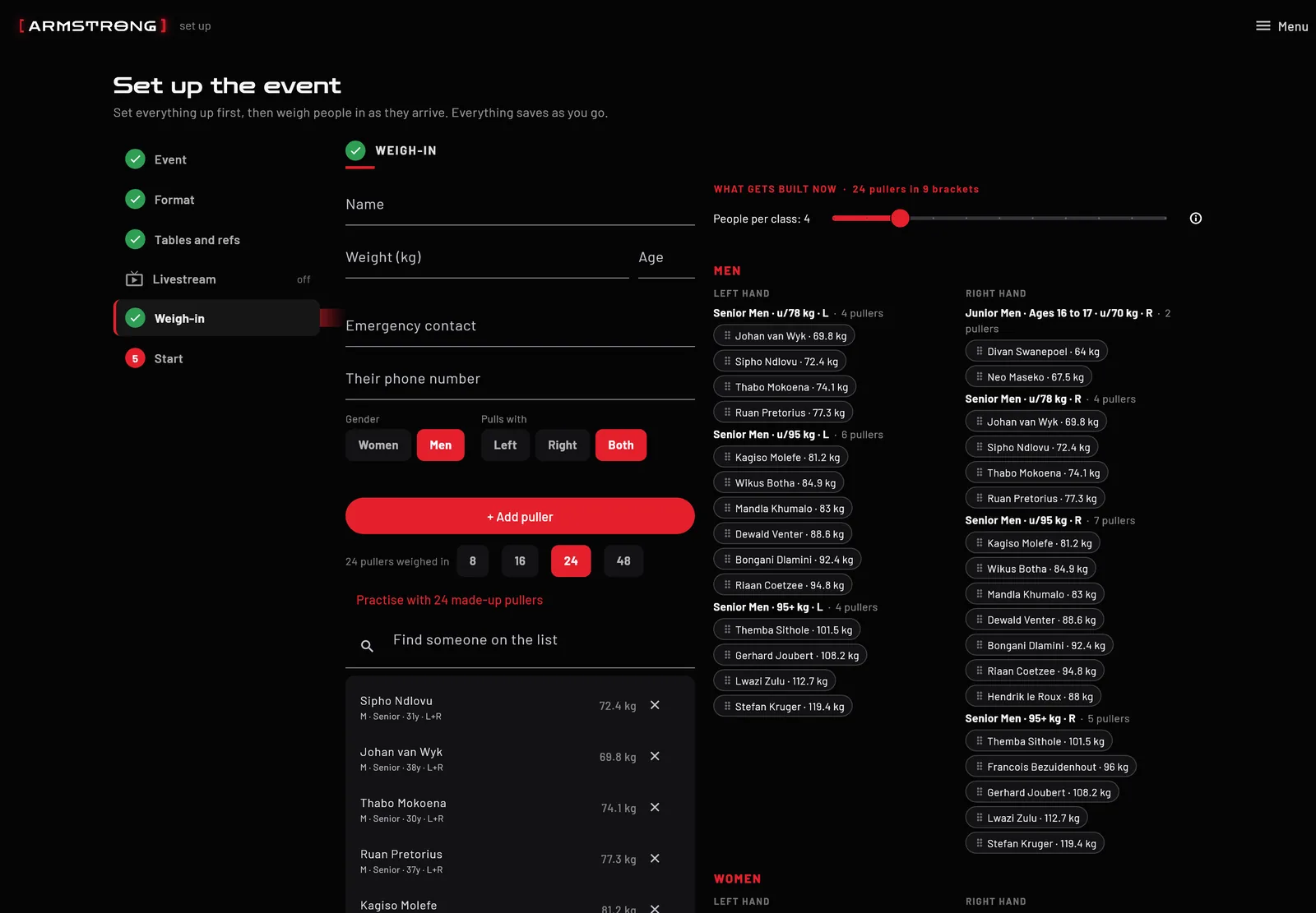 The Armstrong setup screen: format picker set to dynamic brackets, the weigh-in list, and the classes that will be built.