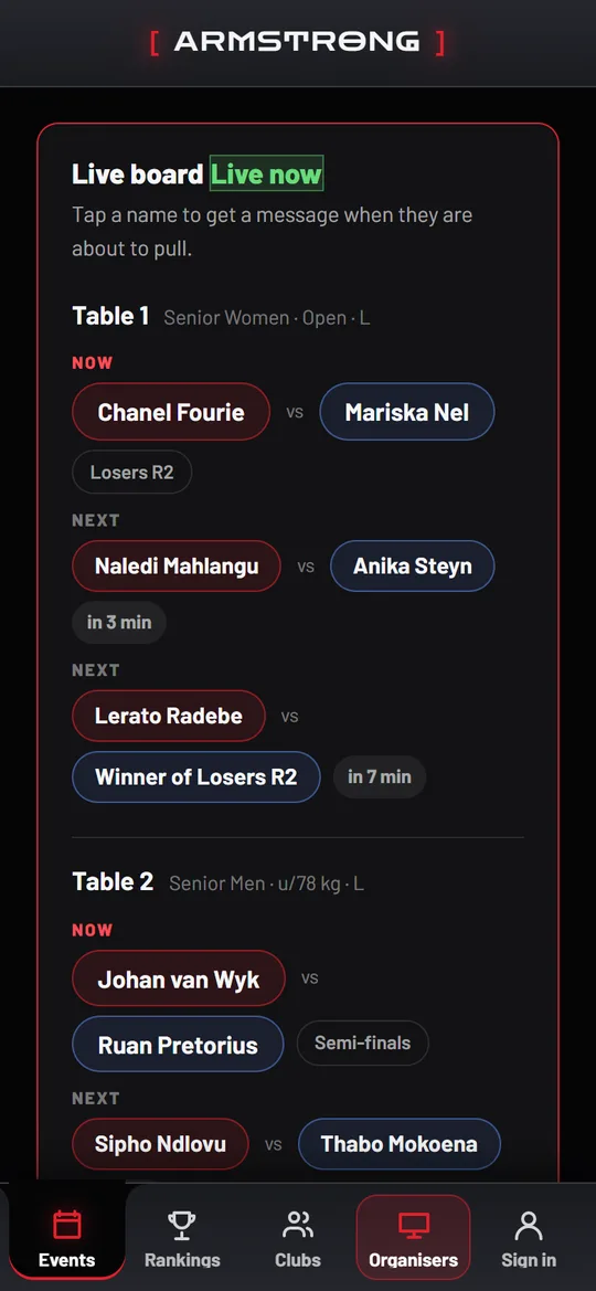 The live board on an event page on a phone: table 1 and table 2, who is on now, who is next with a rough wait, and the classes waiting for a table.