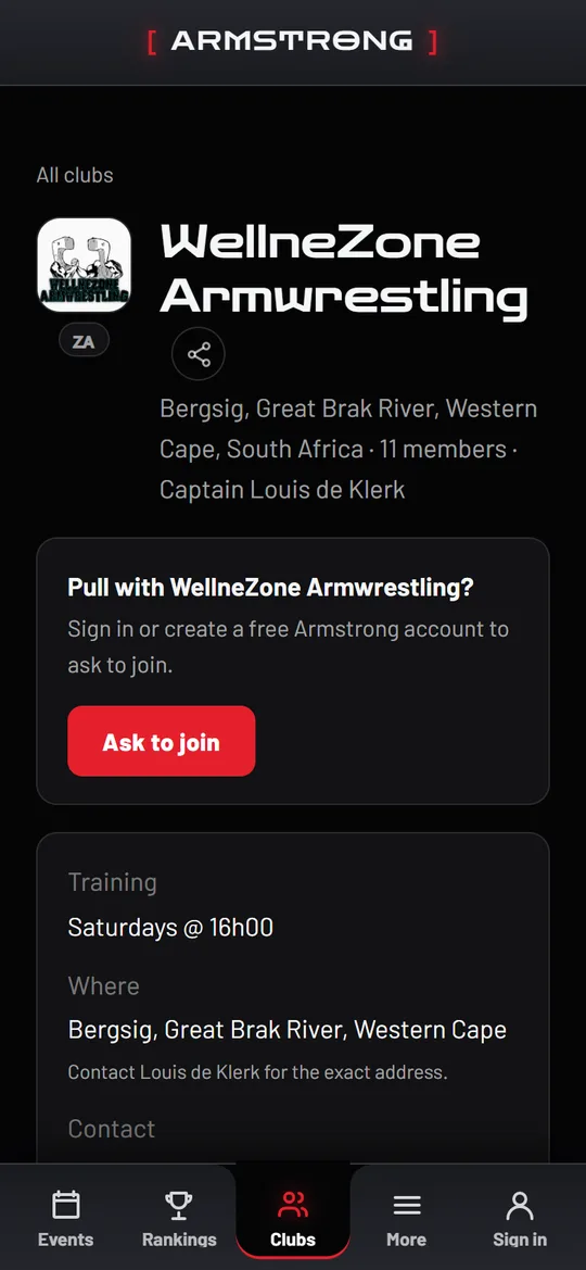 A club page on a phone: training times, where they train and who to contact.